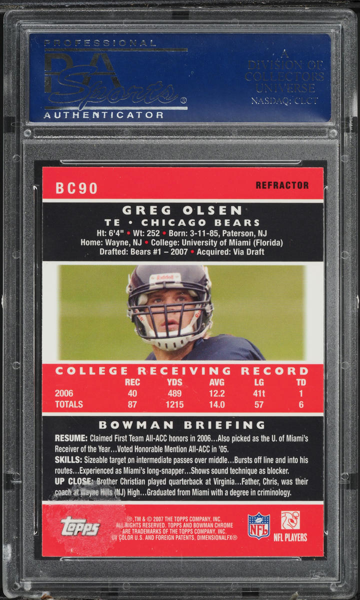 2007 Bowman Chrome Refractor Greg Olsen ROOKIE #BC90 PSA 10 GEM MINT