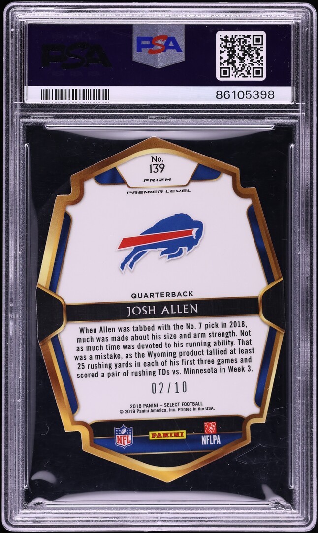 2018 Select Premier Level Gold Prizm Die-Cut Josh Allen ROOKIE /10 #139 PSA 8 NM-MT - Photo 2