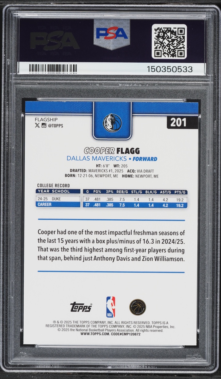 2025 Topps Basketball Cooper Flagg ROOKIE #201 PSA 8 NM-MT