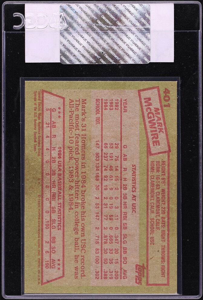 1985 Topps Mark McGwire ROOKIE #401 CGC AUTH