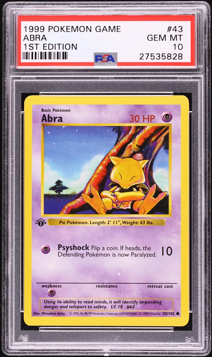 1999 Pokemon Base Set Shadowless 1st Edition Abra #43 PSA 10 GEM MINT