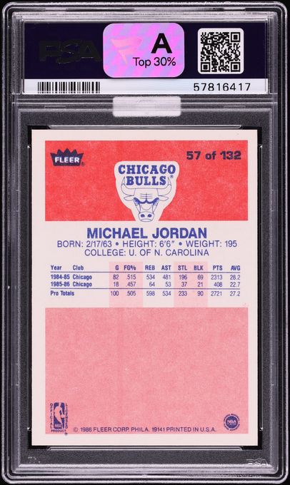 1986 Fleer Basketball Michael Jordan ROOKIE #57 MBA PSA 9 MINT