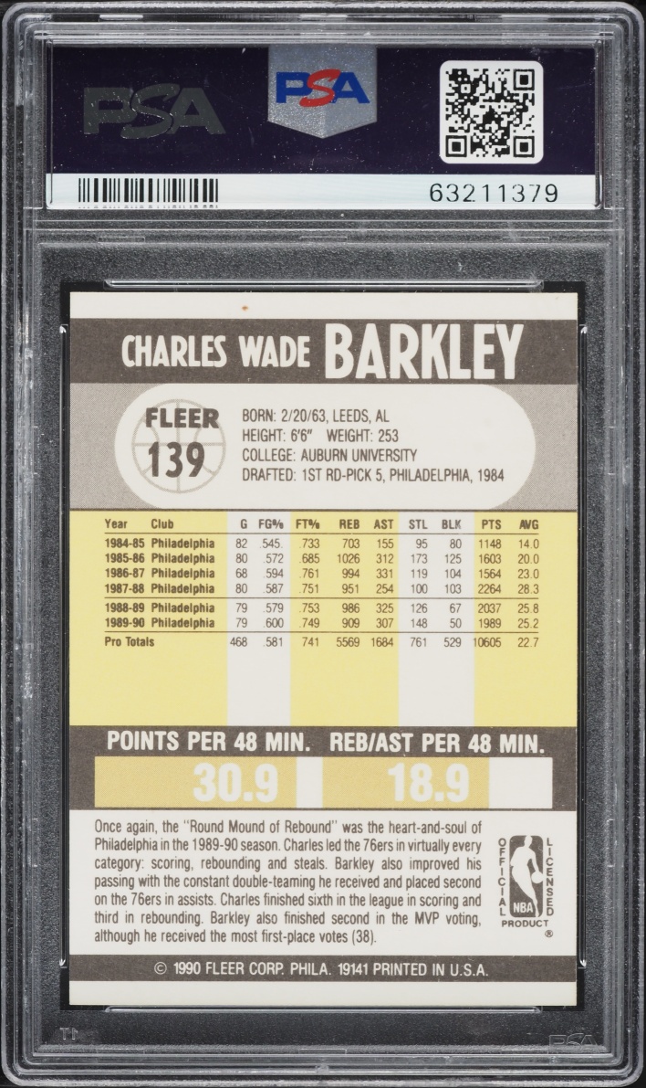 1990 Fleer Basketball Charles Barkley #139 PSA 10 GEM MINT