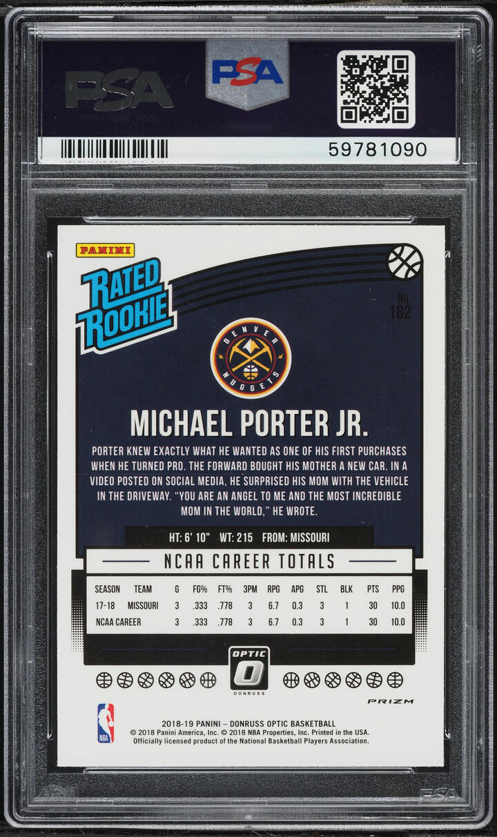 2018 Donruss Optic Shock Michael Porter Jr ROOKIE #182 PSA 9 MINT