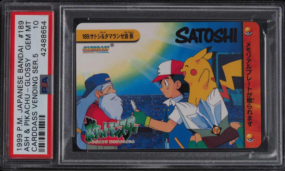 1999 Pokemon Japanese Bandai Carddass Vending 5 Glossy Ash & Pikachu #189 PSA 10