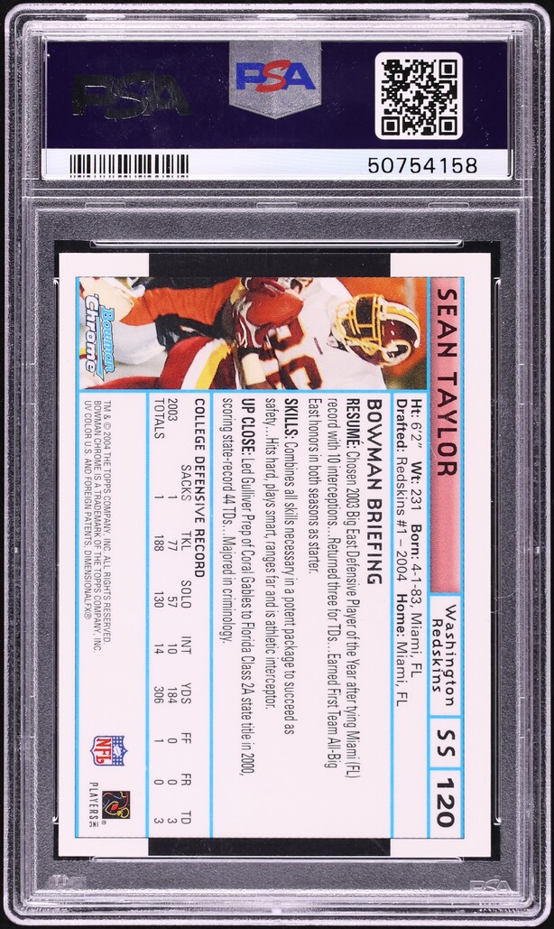 2004 Bowman Chrome White Refractor Sean Taylor ROOKIE #120 PSA 9 MINT