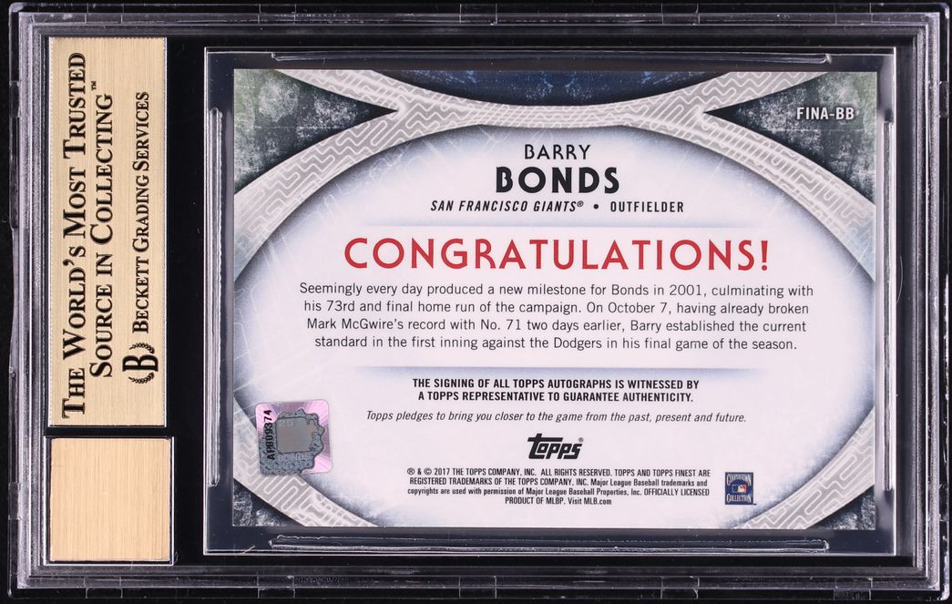 2017 Finest Finishes Superfractor Barry Bonds AUTO 1/1 #FINA-BB BGS 10 PRISTINE