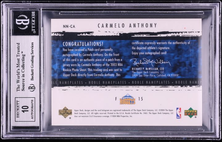 2003 Exquisite Collection Noble Nameplates Carmelo Anthony ROOKIE PATCH AUTO /25 #NN-CA BGS 8.5