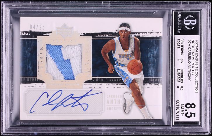 2003 Exquisite Collection Noble Nameplates Carmelo Anthony ROOKIE PATCH AUTO /25 #NN-CA BGS 8.5