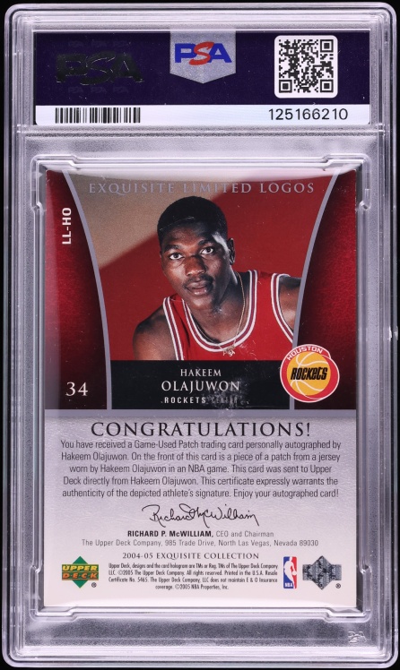 2004 Exquisite Collection Limited Logos Hakeem Olajuwon PATCH AUTO /50 #LL-HO PSA 8 NM-MT