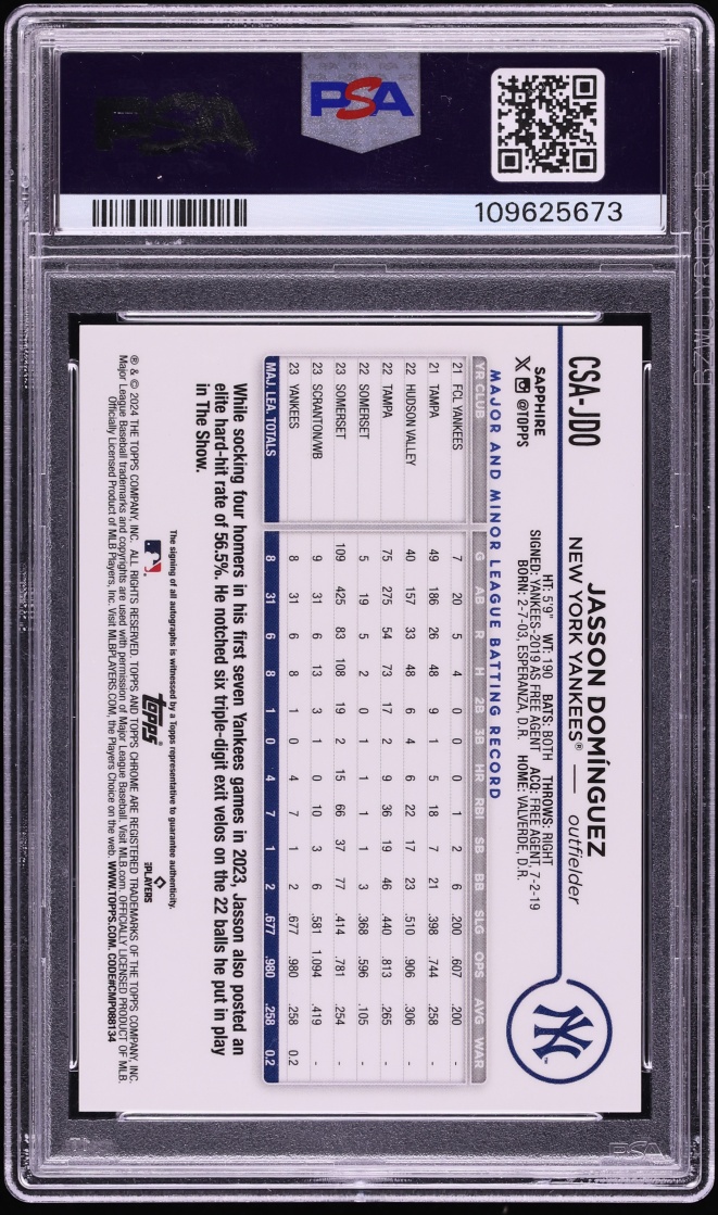 2024 Topps Chrome Sapphire Jasson Dominguez ROOKIE AUTO /199 #CSA-JDO PSA 10 GEM MINT