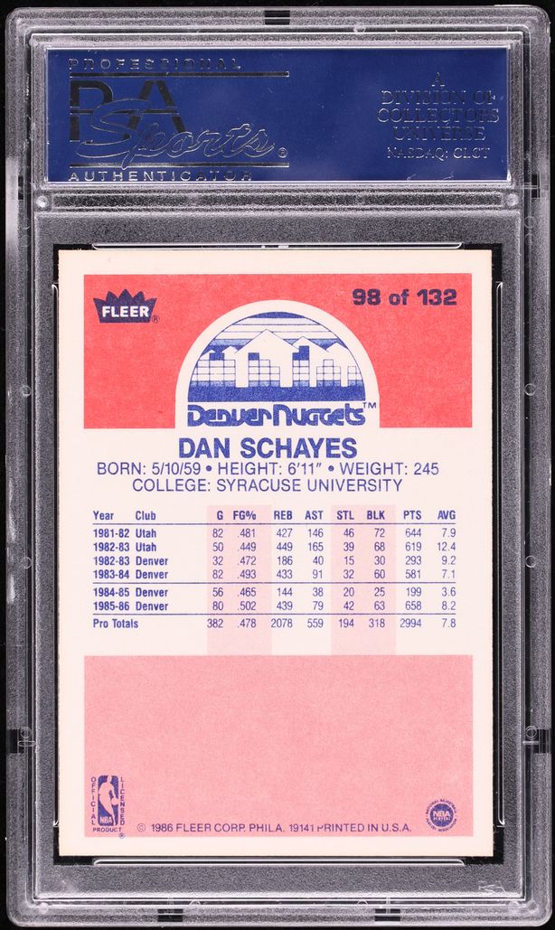 1986 Fleer Basketball Dan Schayes #98 PSA 10 GEM MINT