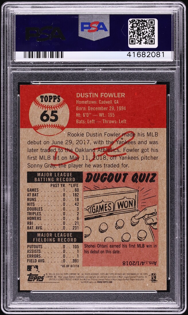 2018 Topps Living Dustin Fowler ROOKIE #65 PSA 9 MINT