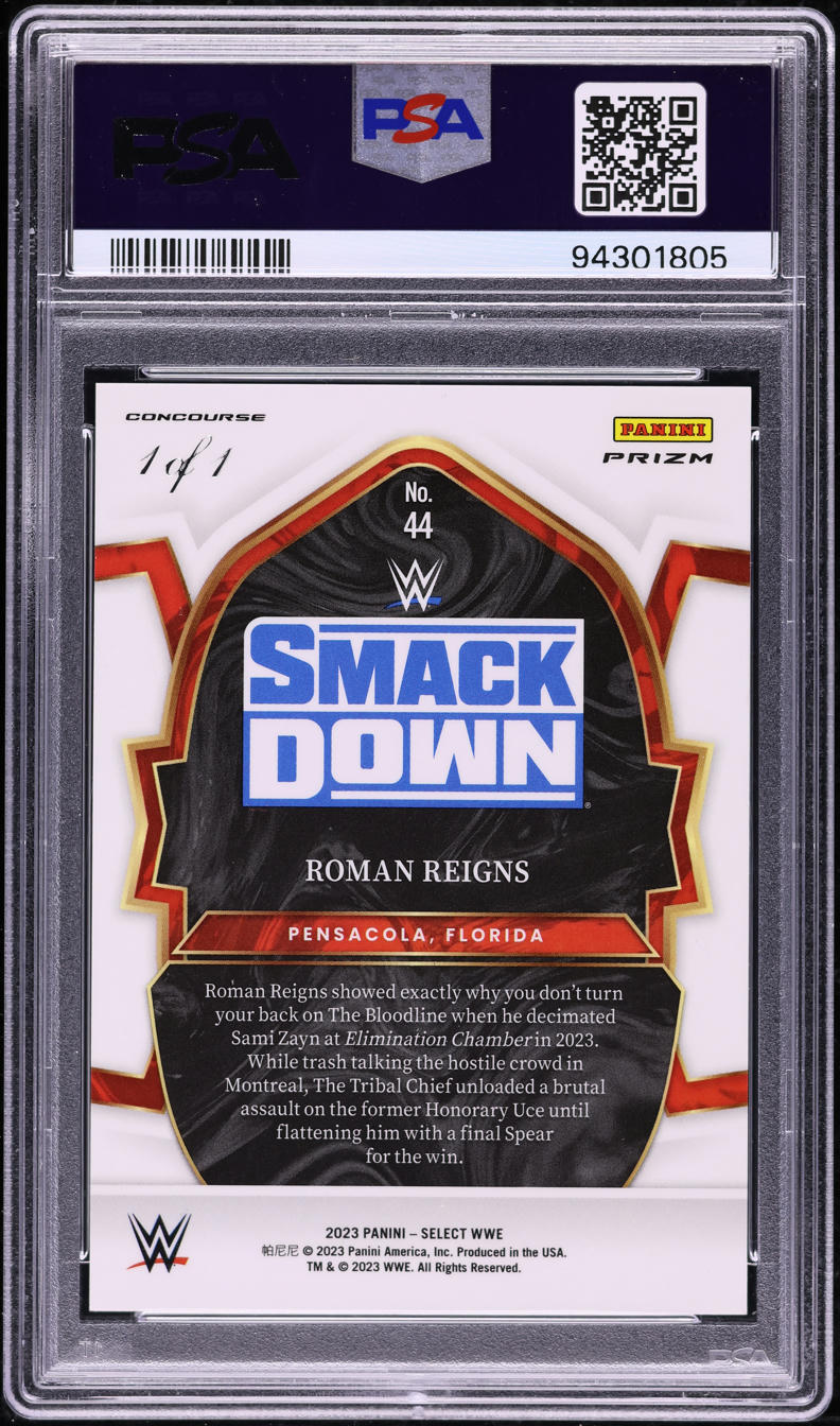2023 Select Concourse WWE Black Prizm Roman Reigns 1/1 #44 PSA 10 GEM MINT