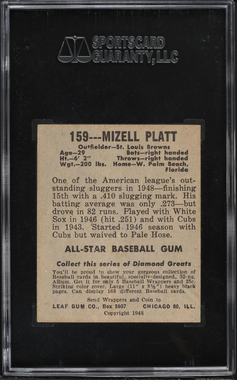 1948 Leaf Gum Co. Mizell Platt #159 SGC 7 NRMT