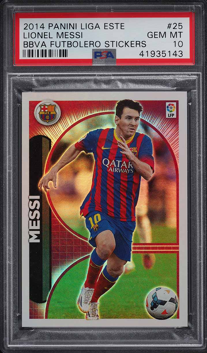 2014 Panini Liga Este BBVA Futbolero Stickers Lionel Messi #25 PSA 10 GEM MINT