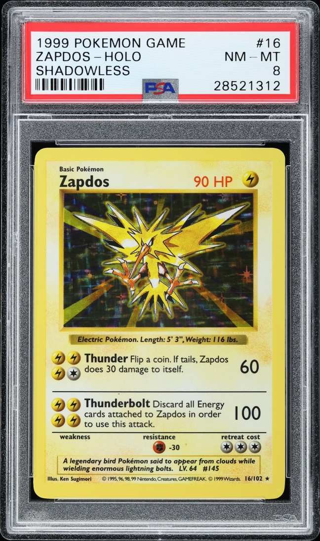 1999 Pokemon Base Set Shadowless Holo Zapdos #16 PSA 8 NM-MT