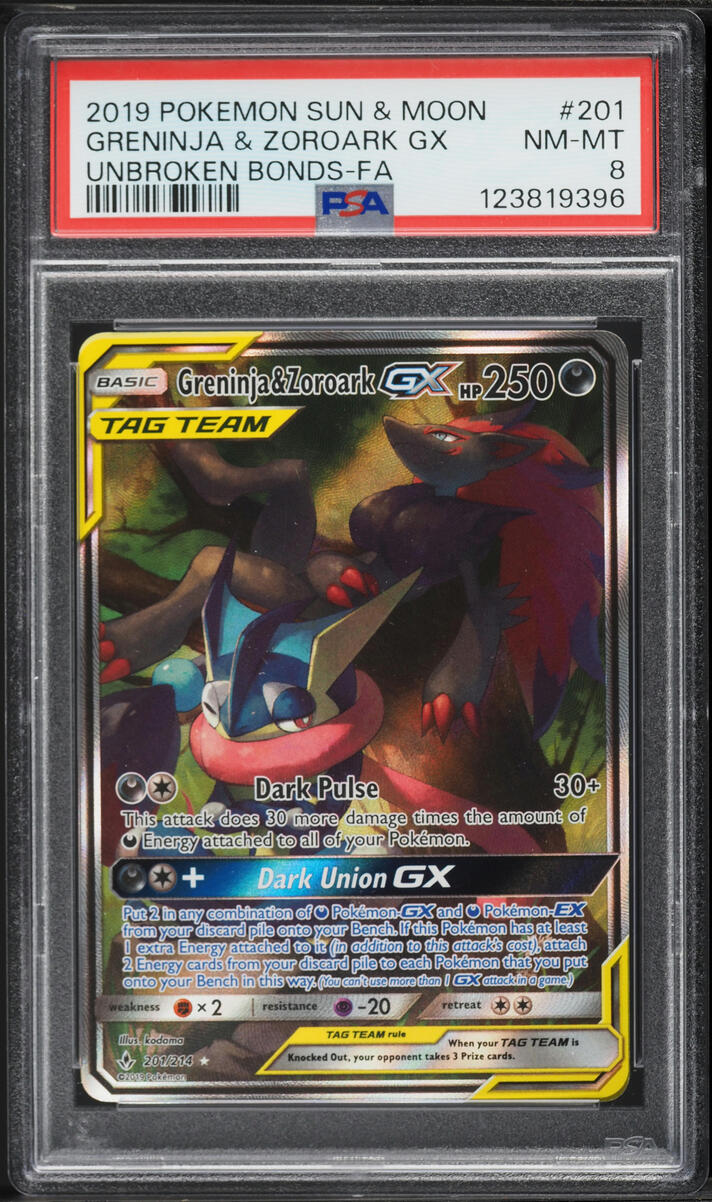 2019 Pokemon Sun & Moon Unbroken Bond Full Art Greninja & Zoroark GX #201 PSA 8 NM-MT