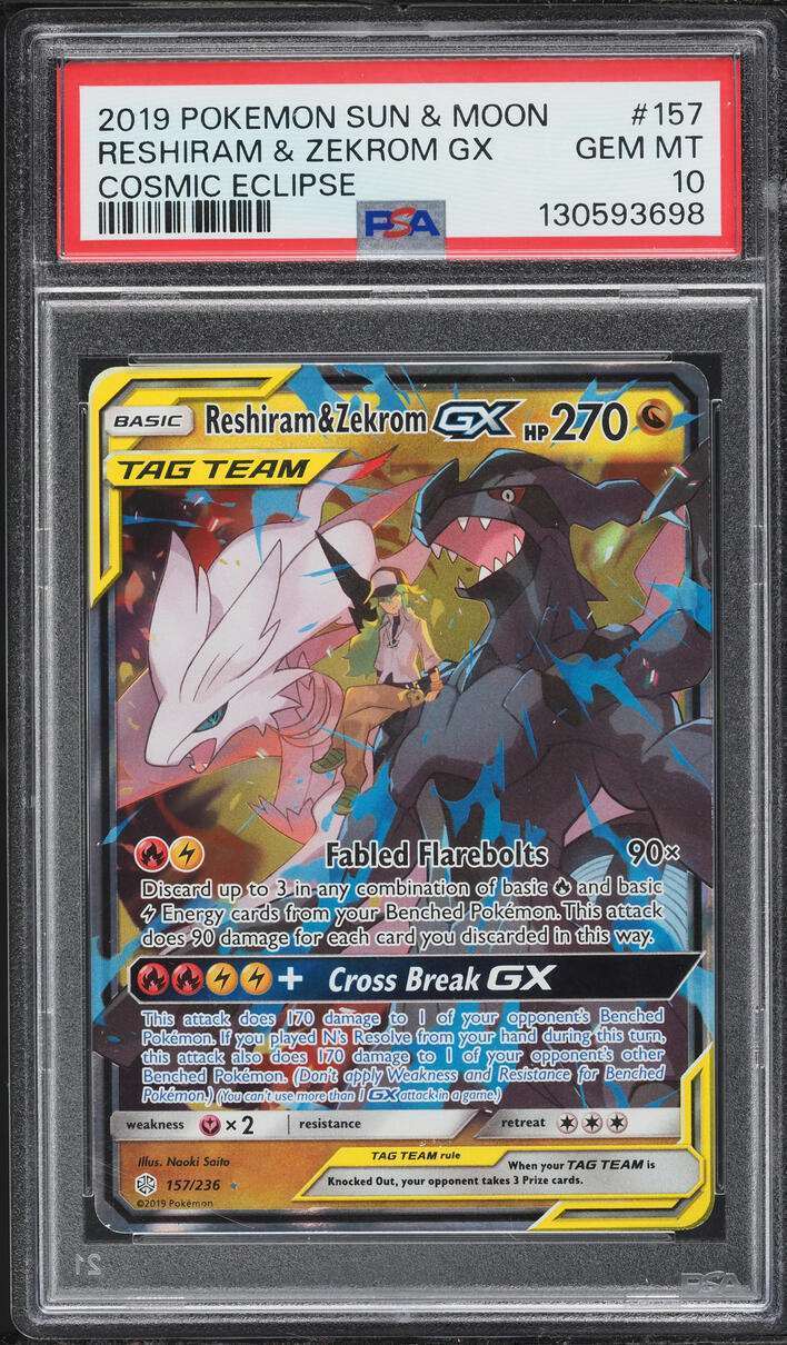 2019 Pokemon Sun & Moon Cosmic Eclipse Reshiram & Zekrom GX #157 PSA 10 GEM MINT