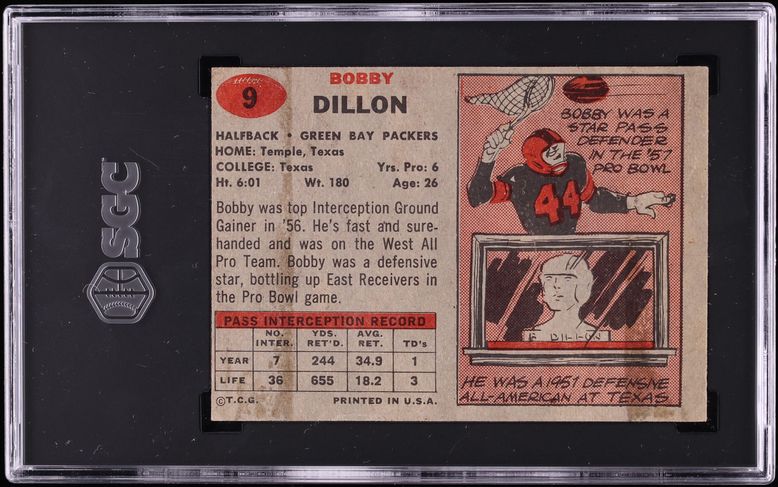 1957 Topps Football Bobby Dillon #9 SGC 4 VGEX