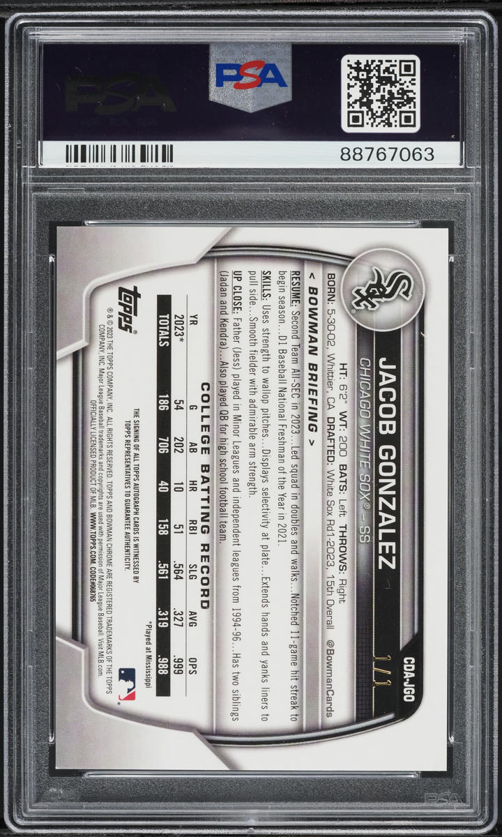 2023 Bowman Chrome Sapphire Edition Padparadscha Jacob Gonzalez PROSPECT AUTO 1/1 PSA AUTH