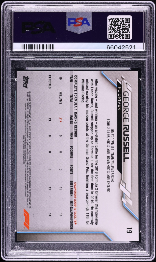 2020 Topps Chrome Formula 1 F1 Sapphire Edition George Russell ROOKIE #19 PSA 10 GEM MINT