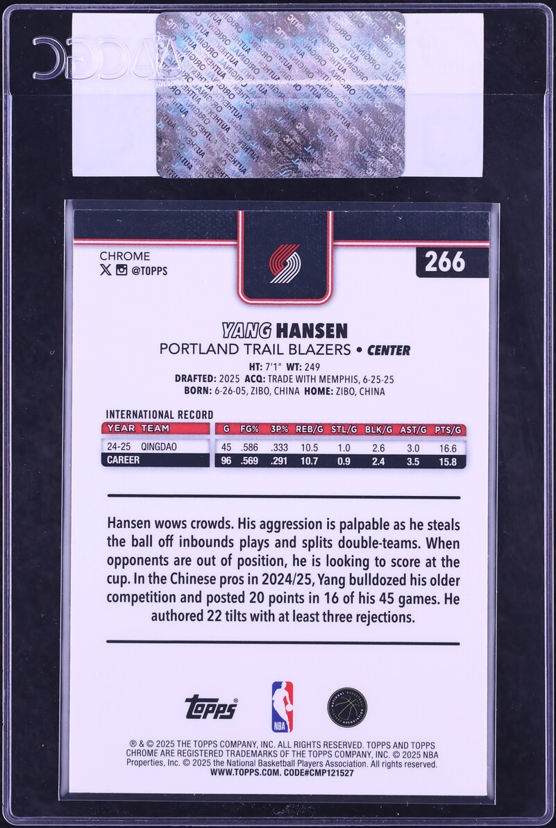 2025 Topps Chrome Sapphire Yang Hansen ROOKIE #266 CGC AUTH