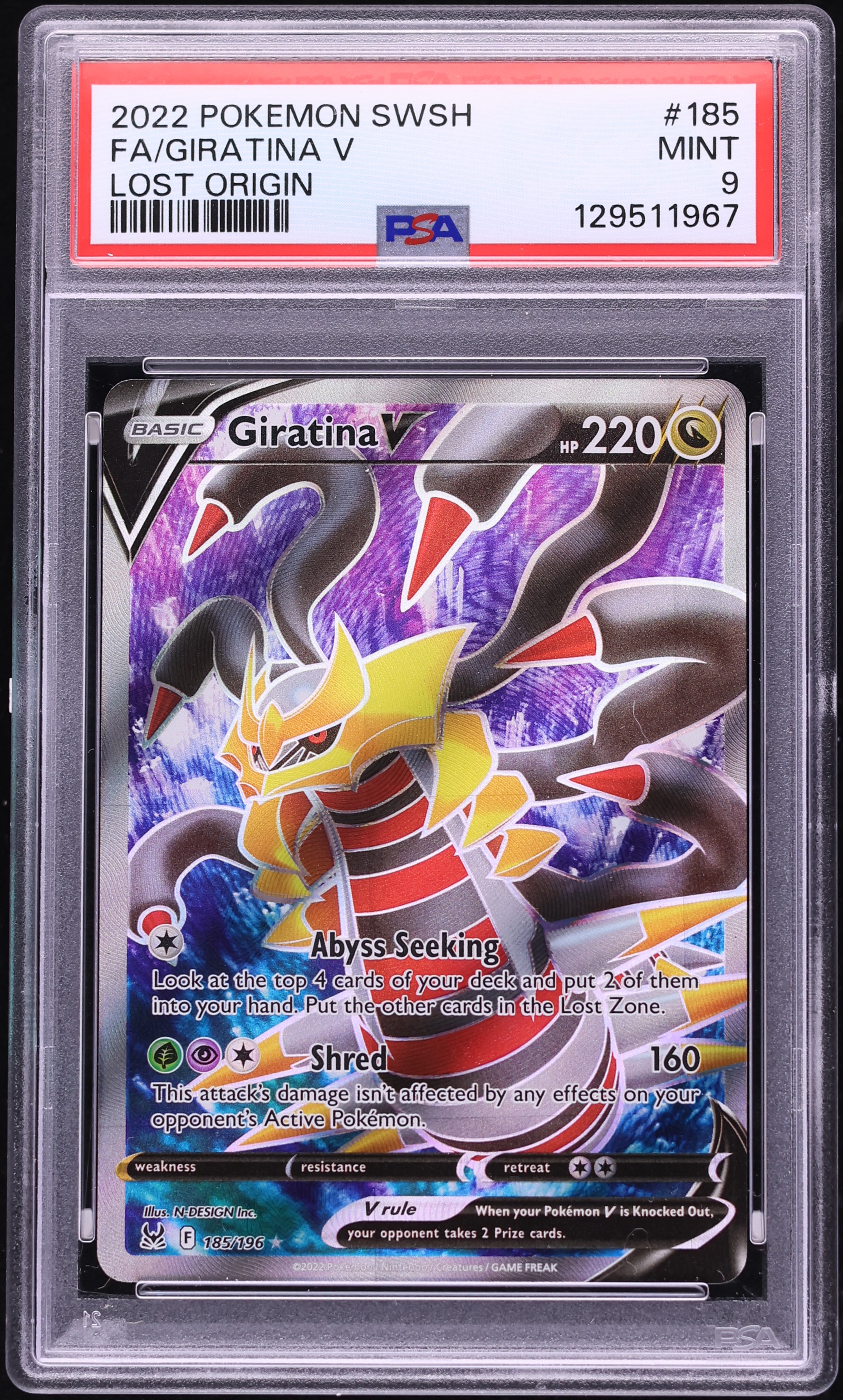 2022 Pokemon Sword & Shield Lost Origin Full Art Giratina V #185 PSA 9 MINT
