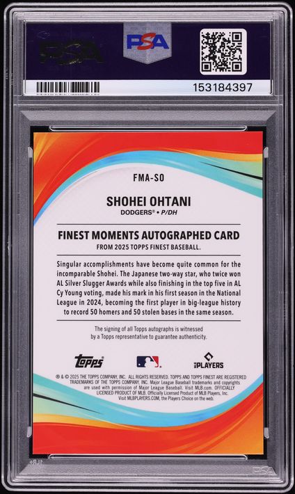 2025 Finest Moments Orange Refractor Shohei Ohtani AUTO 1/25 #FMA-SO PSA 10 GEM MINT