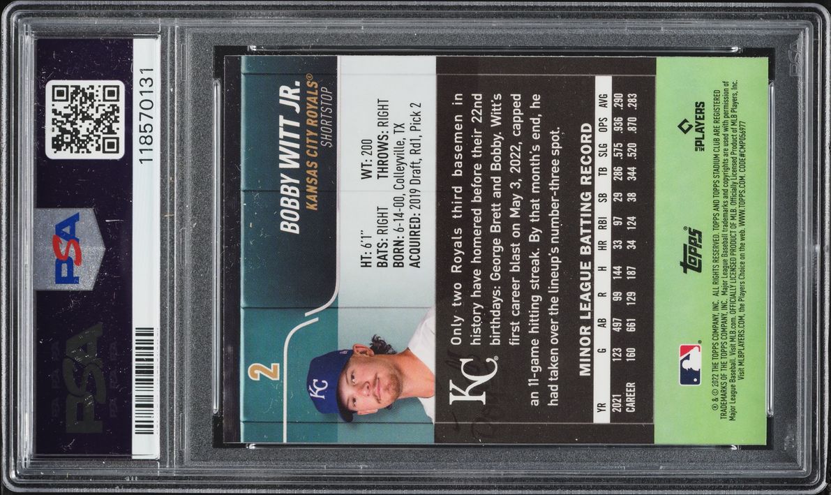 2022 Stadium Club Chrome Bobby Witt Jr ROOKIE #2 PSA 10 GEM MINT