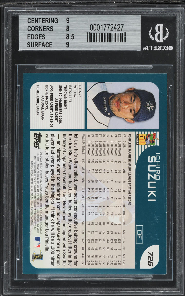 2001 Topps Ichiro ROOKIE #726 BGS 8.5 NM-MT+
