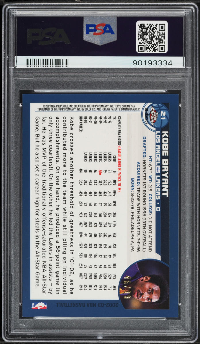 2002 Topps Chrome Black Refractor Kobe Bryant /99 #21 PSA 9 MINT