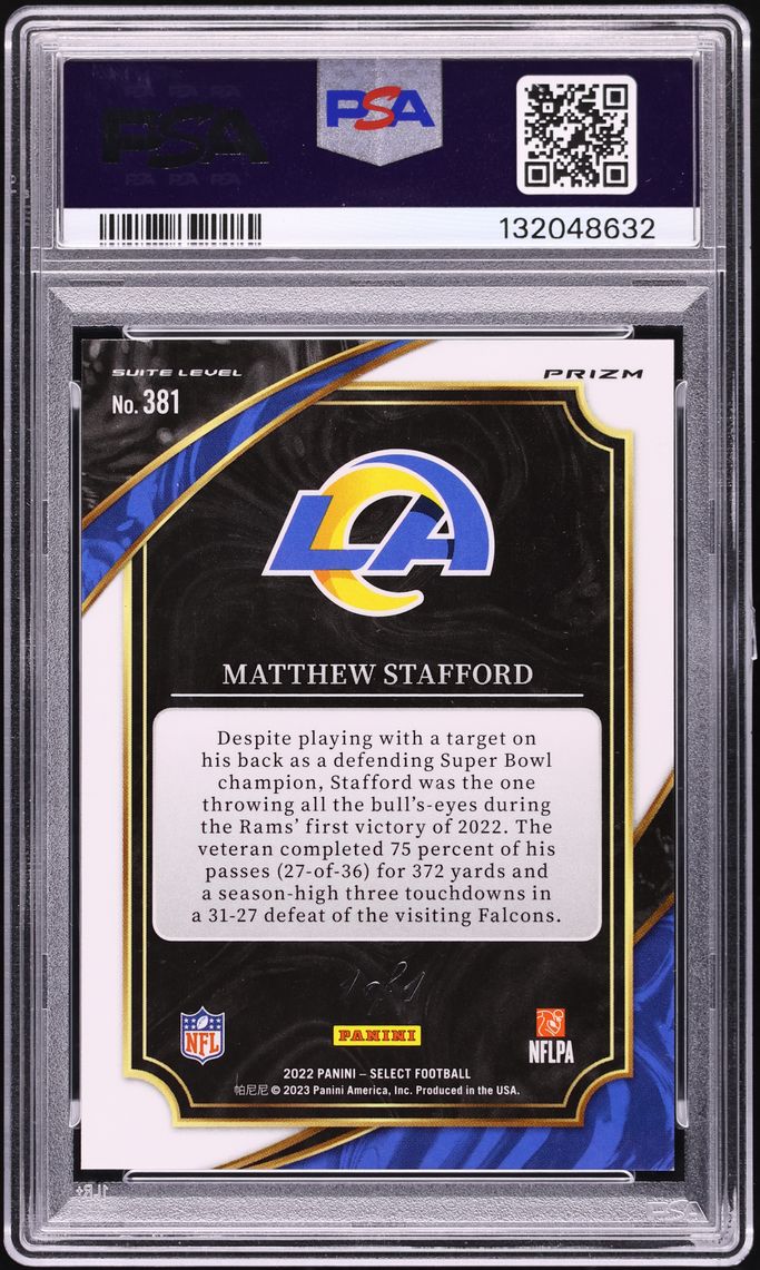 2022 Select Suite Level Black Prizm Matthew Stafford 1/1 #381 PSA 6 EXMT - Photo 2