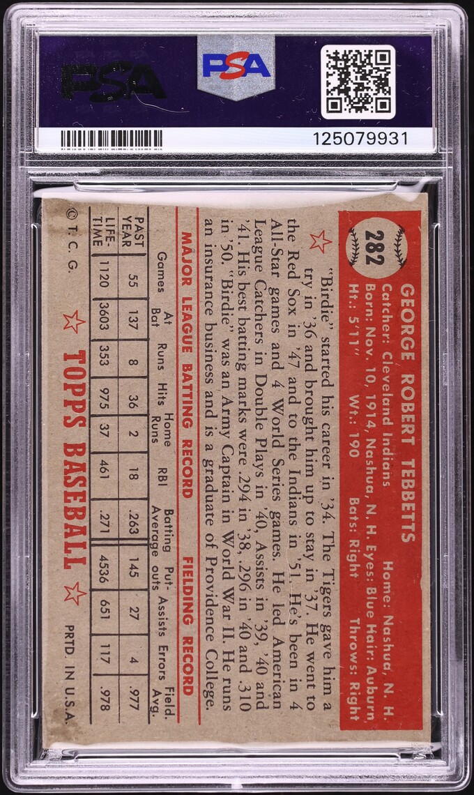 1952 Topps Birdie Tebbetts #282 PSA 4 VGEX