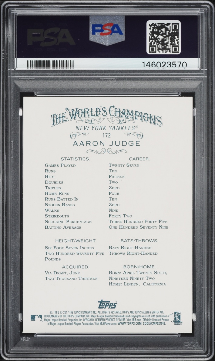 2017 Topps Allen & Ginter Aaron Judge ROOKIE #172 PSA 10 GEM MINT