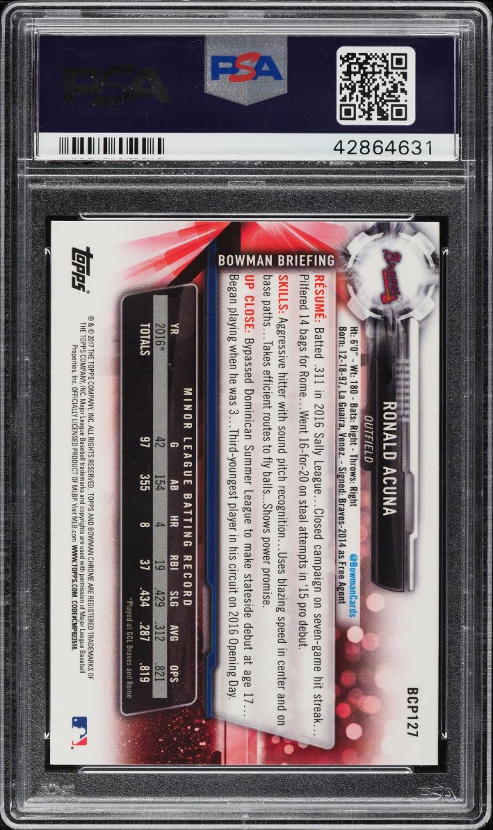 2017 Bowman Chrome Prospects Ronald Acuna Jr. PROSPECT #BCP127 PSA 10 GEM MINT