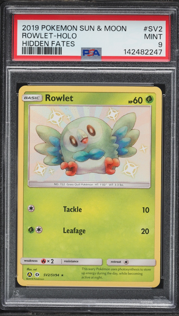 2019 Pokemon Sun & Moon Hidden Fates Shiny Rowlet #SV2 PSA 9 MINT