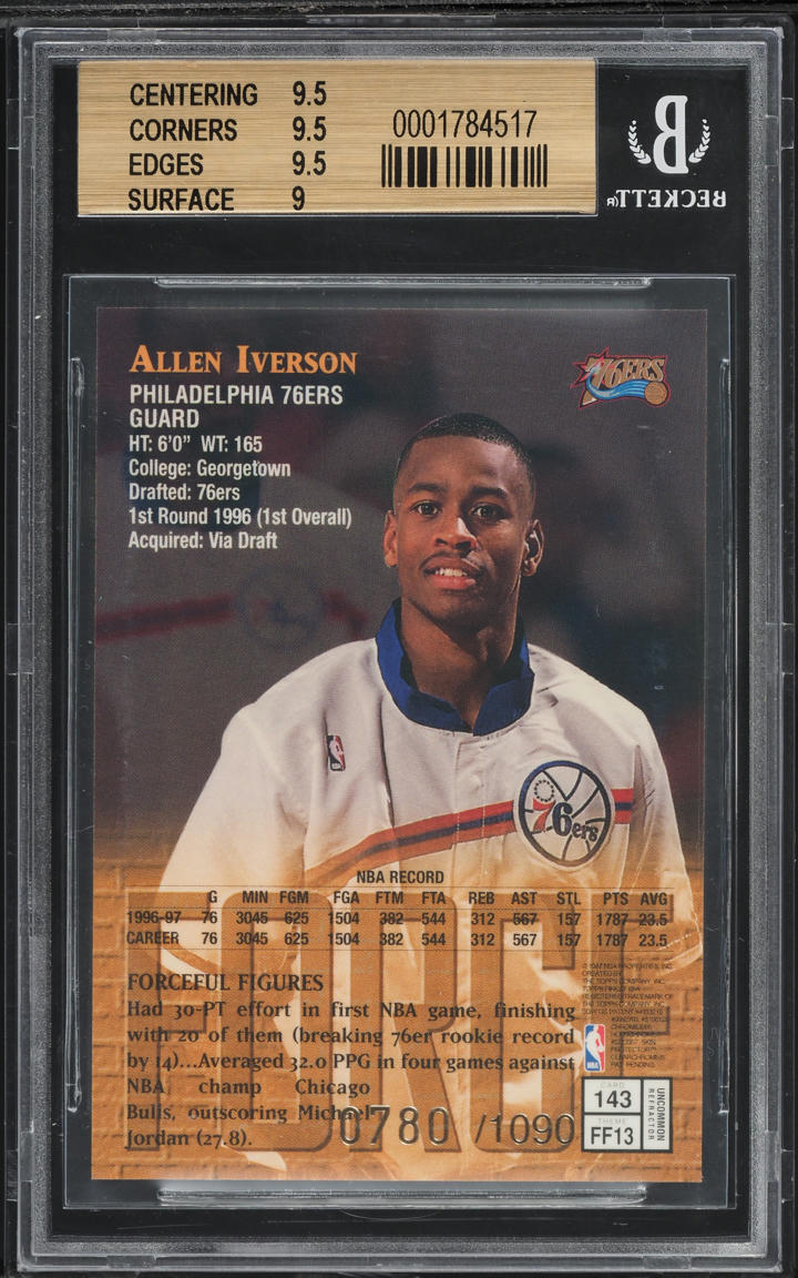 1997 Finest Refractor Allen Iverson /1090 #143 BGS 9.5 GEM MINT