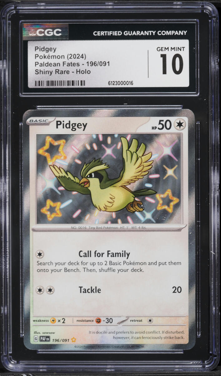 2024 Pokemon Scarlet & Violet Paldean Fates Shiny Rare Pidgey #196 CGC 10 GEM MINT