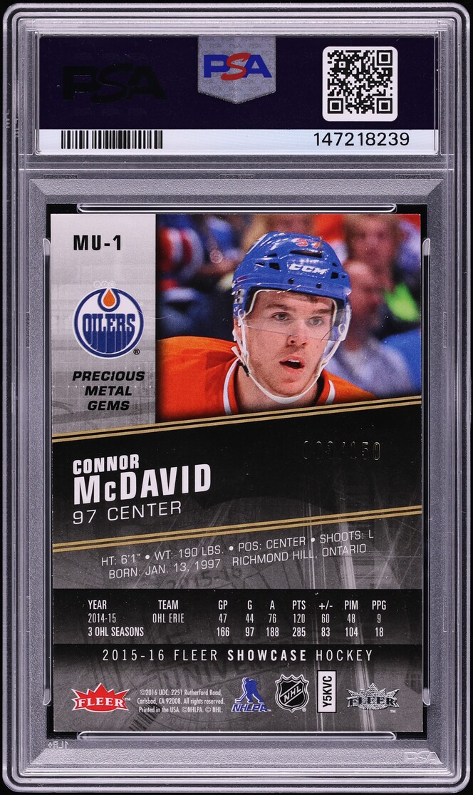 2015 Fleer Showcase Precious Metal Gems PMG Red Connor McDavid ROOKIE /150 #MU-1 PSA 8 NM-MT