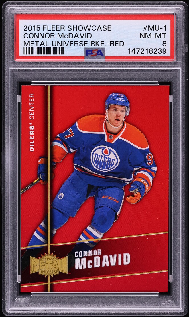 2015 Fleer Showcase Precious Metal Gems PMG Red Connor McDavid ROOKIE /150 #MU-1 PSA 8 NM-MT