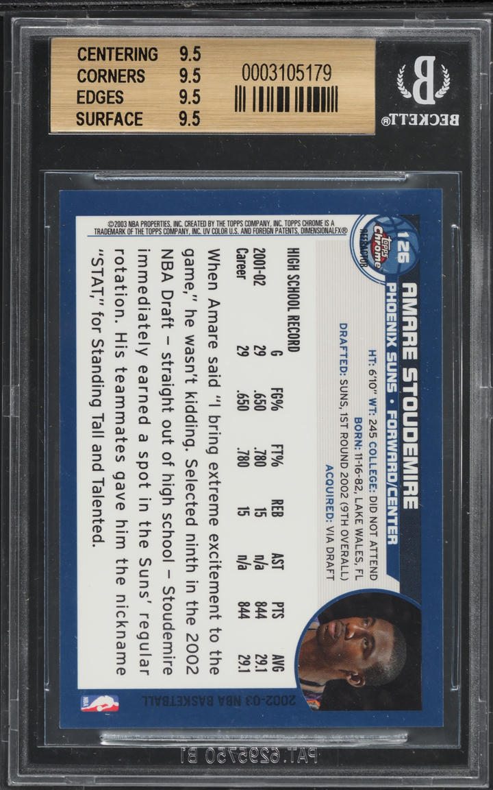2002 Topps Chrome Refractor Amare Stoudemire ROOKIE #126 BGS 9.5 GEM MINT