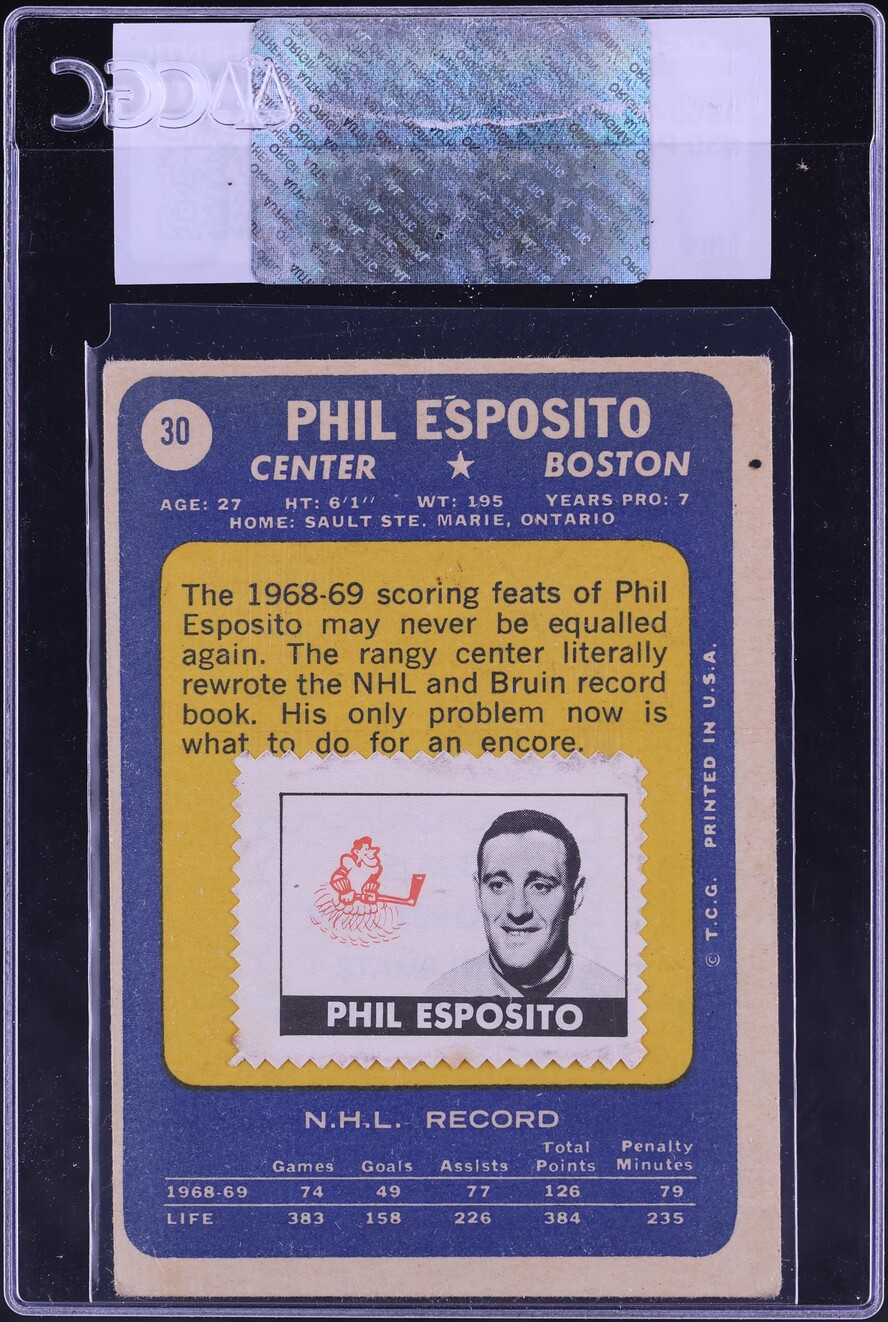 1969 Topps Hockey Phil Esposito #30 CGC AUTH