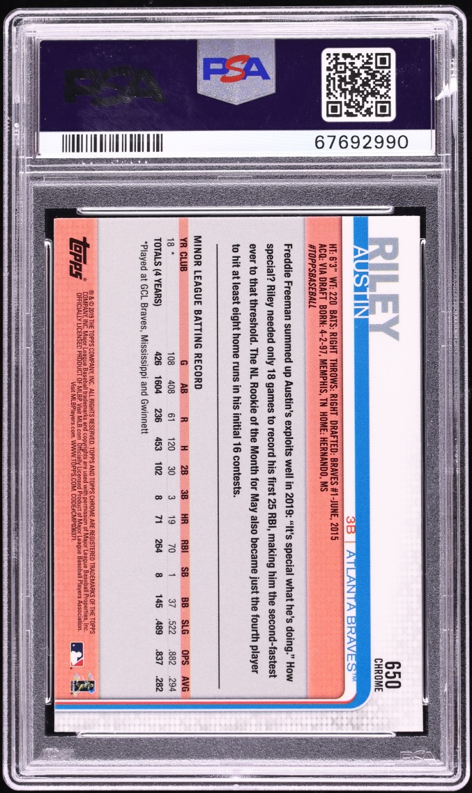 2019 Topps Chrome Sapphire Austin Riley ROOKIE #650 PSA 10 GEM MINT