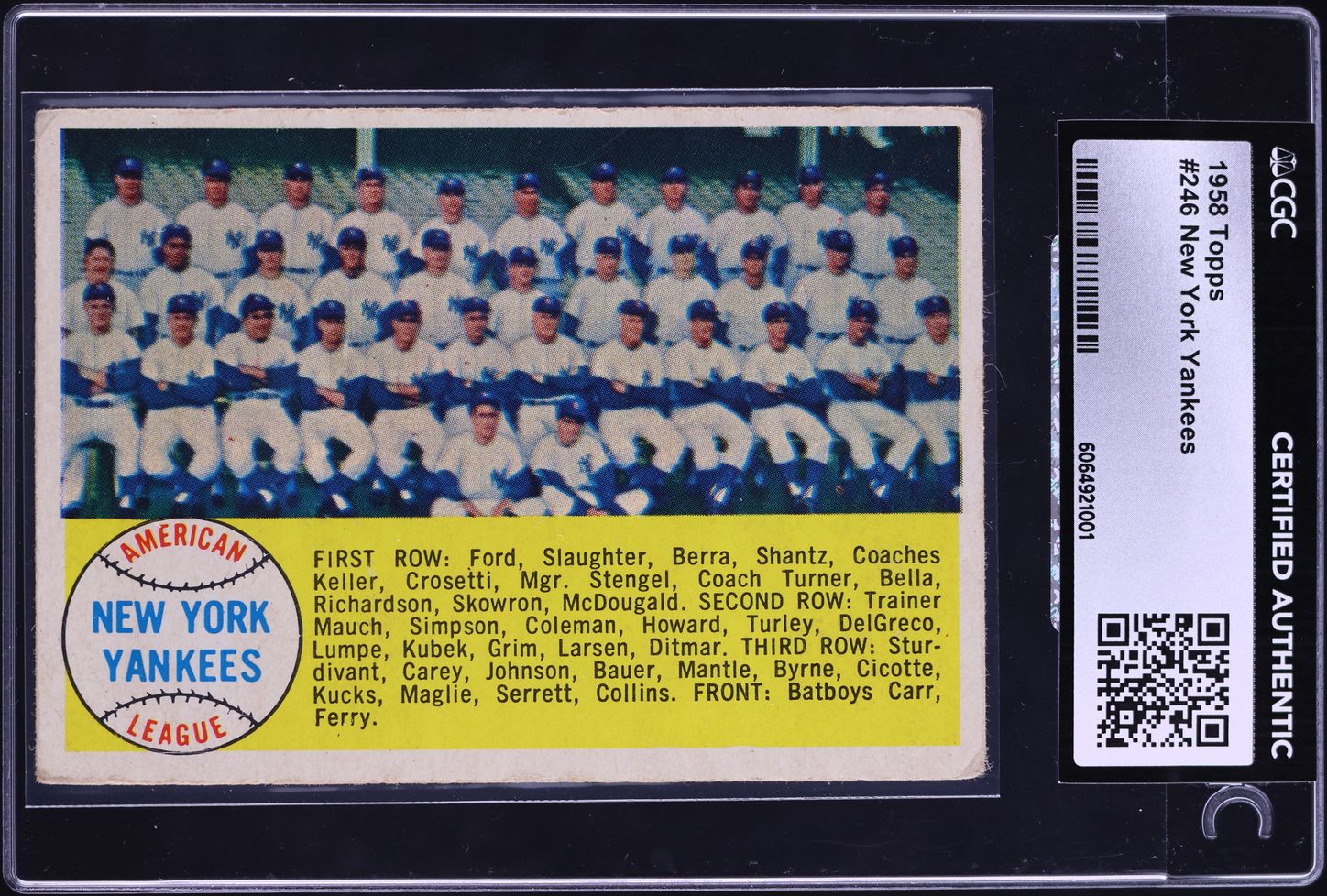 1958 Topps New York Yankees Checklist #246 CGC AUTH