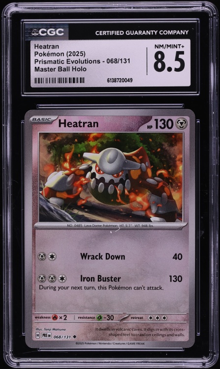 2025 Pokemon Scarlet & Violet Prismatic Evolutions Master Ball Holo Heatran #68 CGC 8.5 NM-MT+