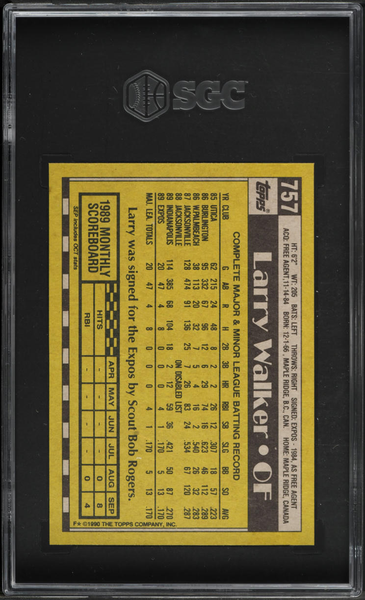 1990 Topps Larry Walker ROOKIE #757 SGC 9 MINT