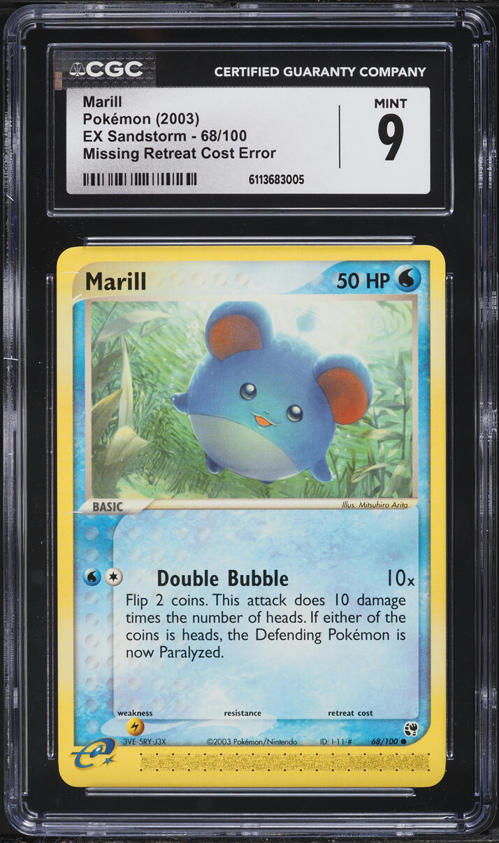2003 Pokemon EX Sandstorm Missing Retreat Cost Error Marill #68 CGC 9 MINT