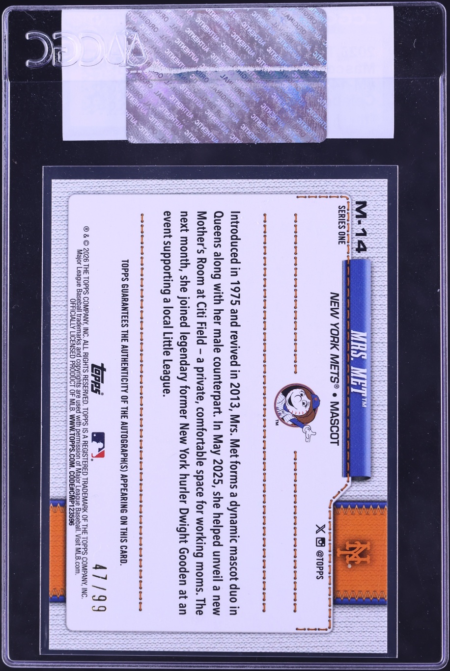 2026 Topps Mascots Celebration Mega Box Mrs. Met AUTO /99 #M-14 CGC AUTH