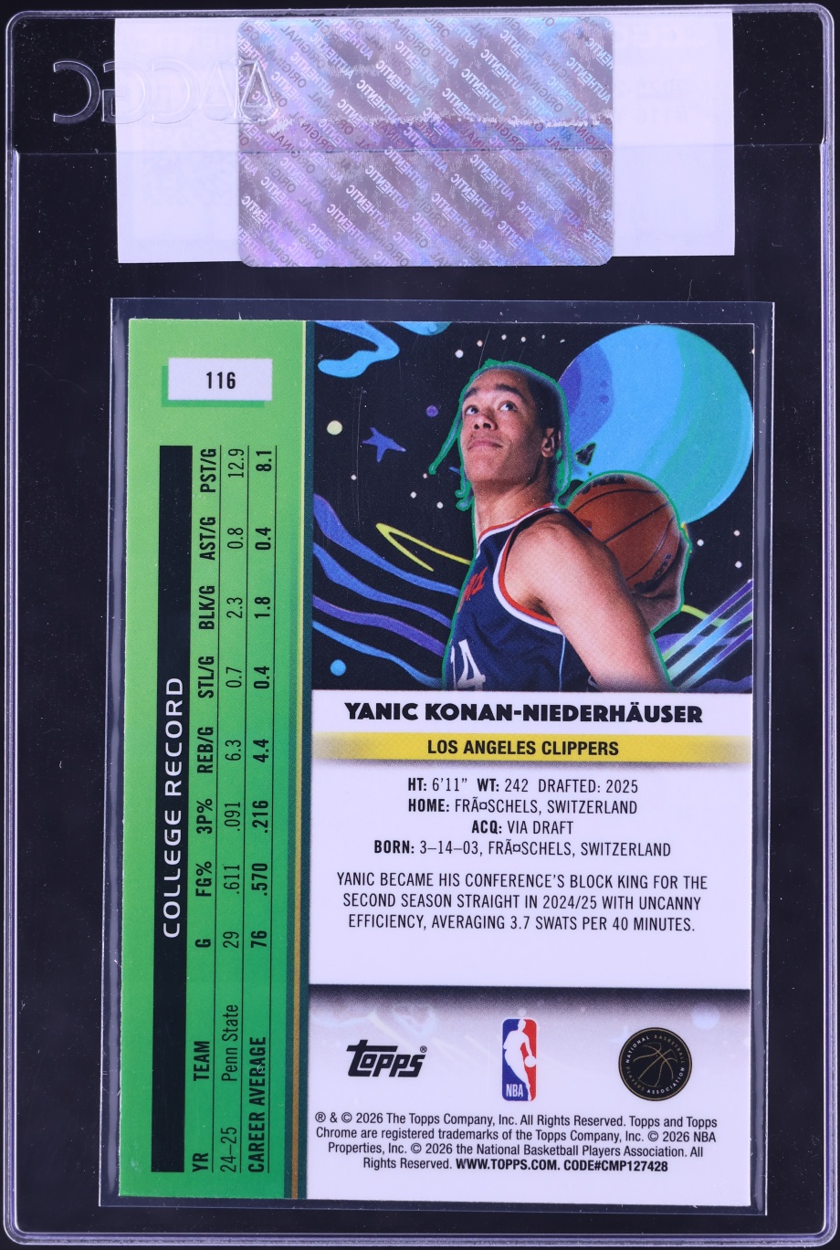 2025 Topps Chrome Cosmic Yanic Konan-Niederhauser ROOKIE #116 CGC AUTH